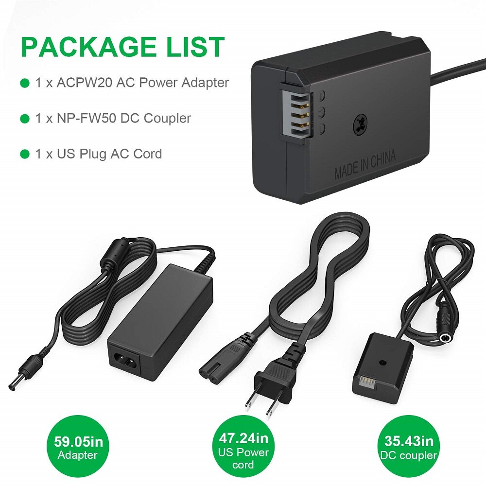 Fuente de alimentación AC-PW20 NP-FW50 Batería ficticia ZV-E10 Kit de adaptador de CA continuo AC PW20 para cámaras Sony Alpha ZVE10 A6400 A6000 A5100 A6100 A6300 A6500 A7 A7II A7S A7SII Cyber-shot DSC-RX10 II III IV