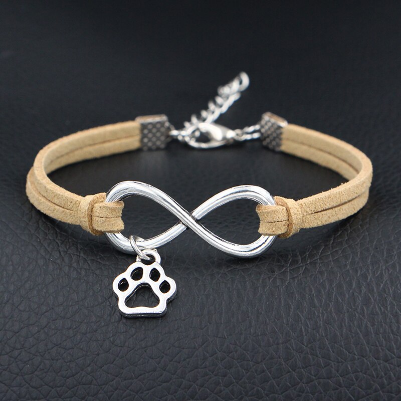 Cute Mini Dog Paw Prints Charms Bracelet Antique Silver Color Love Infinity Leather Bracelets For Women Jewelry: Khaki