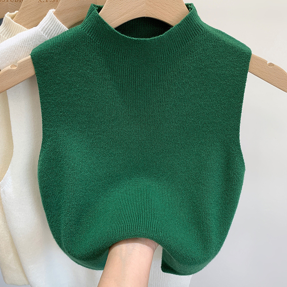 Camiseta sin mangas para mujer, camisetas tejidas de Color sólido, Top corto, camisola, suéter medio cuello alto, sin mangas para primavera y otoño: Beige