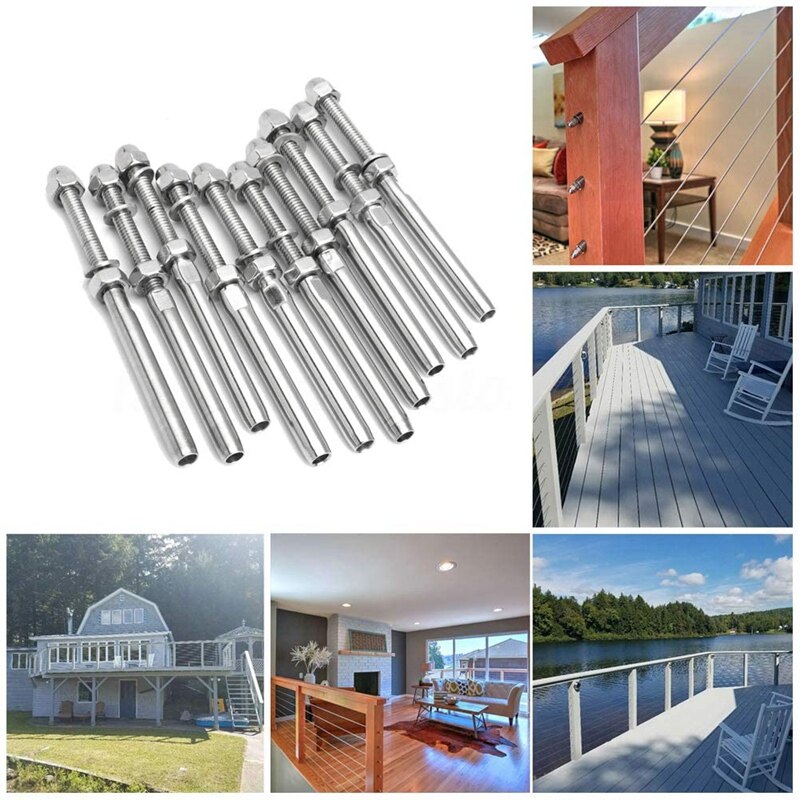 10 pares de terminales roscados Stemball Swage, tensores de Cable, Kit de barandilla marina para cubierta barandilla de Cable de 1/8 pulgadas