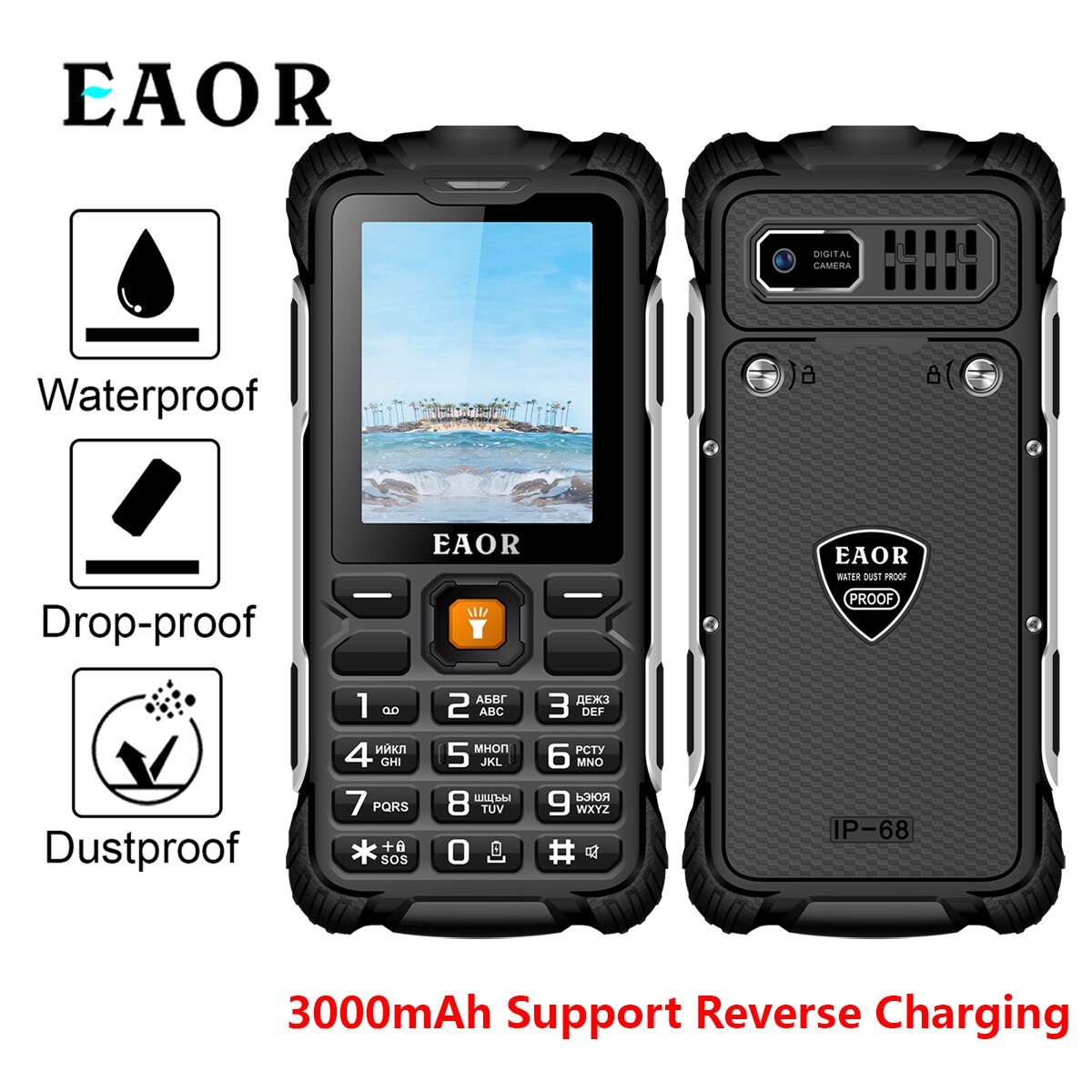 EAOR 2G telefono robusto IP68 doppia scheda SIM resistente tutto'acqua/alla polvere telefono pulsante telefono 3000mAh supporto ricarica inversa