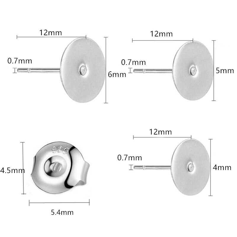 50 Uds. Postes de pendientes hipoalergénicos pendientes de latón chapados en plata 925 4 5 6mm almohadilla plana hallazgos en blanco pendiente de mariposa trasero
