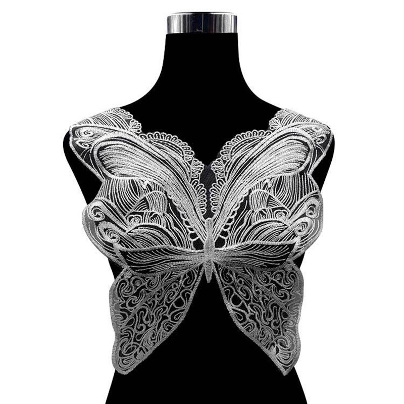 Tela de encaje de guipur para costura de ropa, apliques de cuello de mariposa, bordado, color negro: Blanco