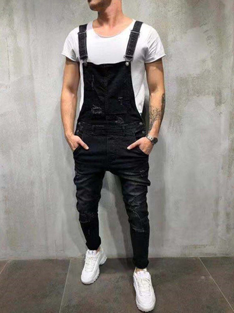 Monos vaqueros rasgados para hombre, Peto vaquero desgastado de calle para hombre, pantalones con tirantes, pantalones de trabajo de estilo inglés: 828 black / M