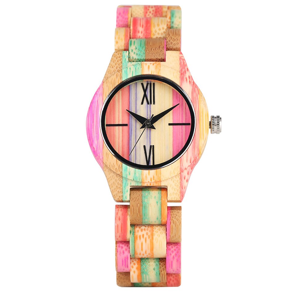 Reloj de madera de bambú multicolor para mujer, cuarzo, pulsera de madera completa para mujer, cierre plegable, reloj de madera para mujer: only watch