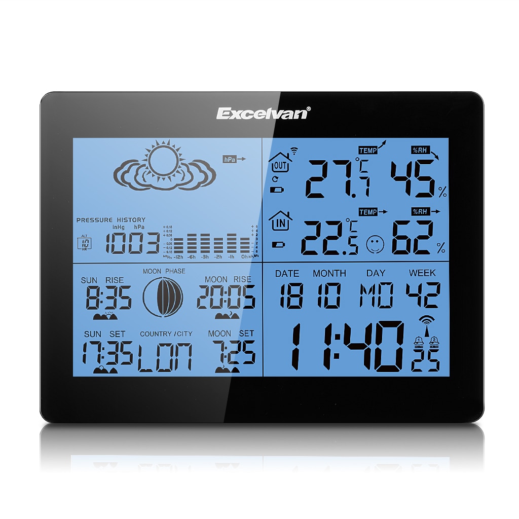 EXCELVAN Weather Station Wireless Indoor Outdoor Thermometer Hygrometer Forecast Temperature Humidity Clocks Alarm Clock Radio