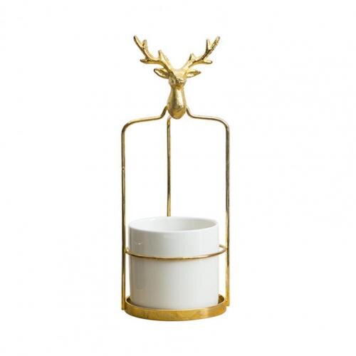 Maceta decorativa de cerámica resistente para jardín, marco de hierro con cabeza de ciervo, maceta para plantas: White L