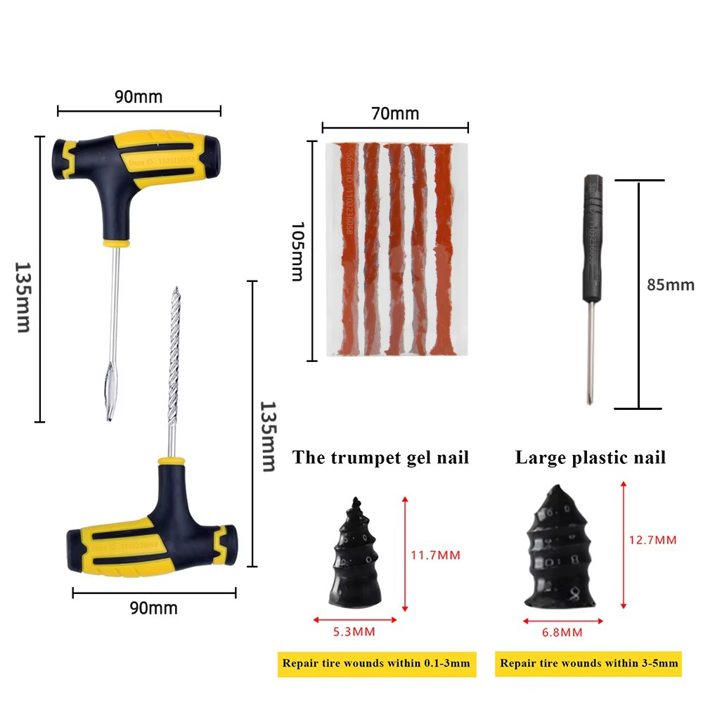 PWS-Kit de herramientas de reparación de neumáticos de coche, Kit de reparación de pinchazos de neumáticos sin cámara de goma, herramienta de tachuelas para bicicleta, juego de reparación de neumáticos de motocicleta