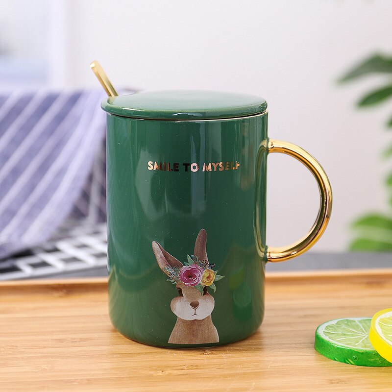 Guldgrønt hjorte mønster krus med ske låg, kontor business te krus drinkware krus, personlighed keramisk kaffekop: 02