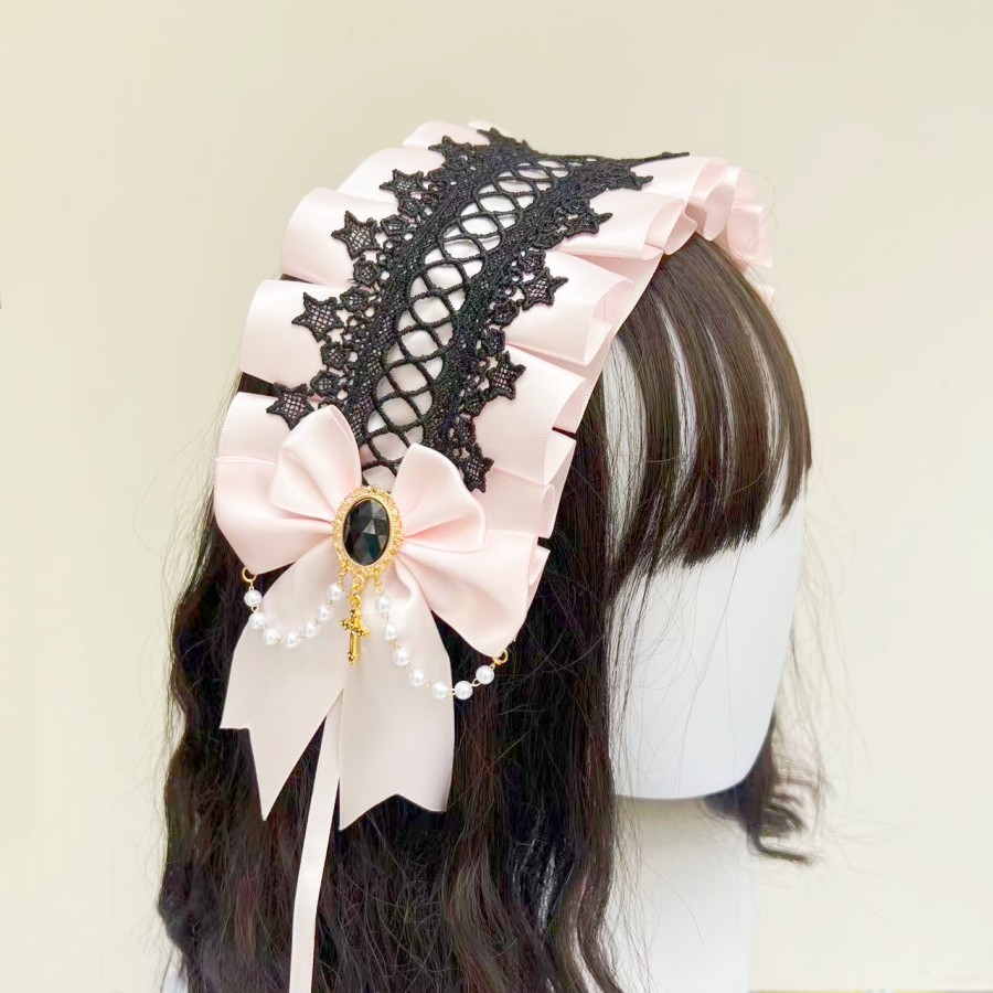 Tocado gótico de Lolita para sirvienta, accesorios para el cabello versátiles hechos a mano de encaje, diademas bonitas para Cosplay, horquilla dulce: Rosa