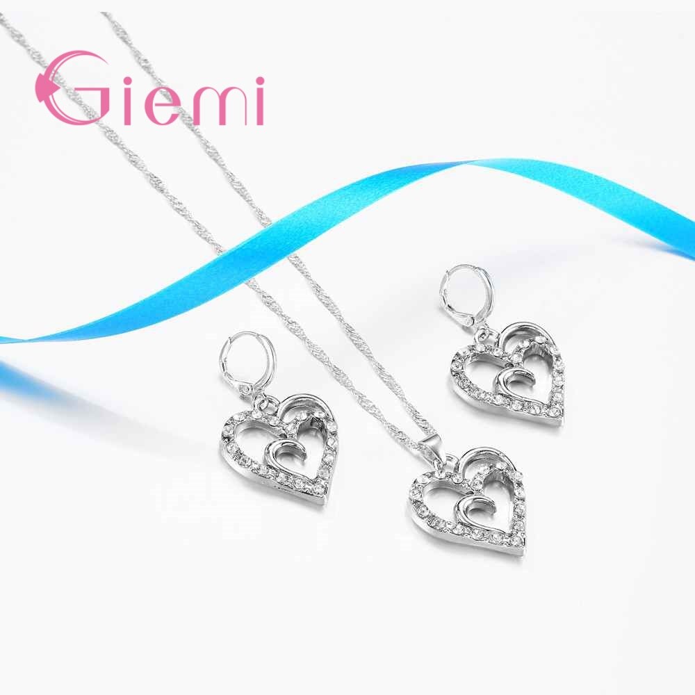 Zoete Hart Vrouwen Sieraden Sets Voor Wedding Party Shiny Zirkoon Echt Zilveren Ketting Hanger Oorbellen Set