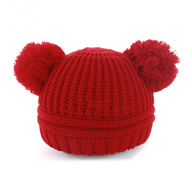 Gorro de punto de lana con dos pompones dobles para niños y niñas de 1 a 3 años, invierno,: Red