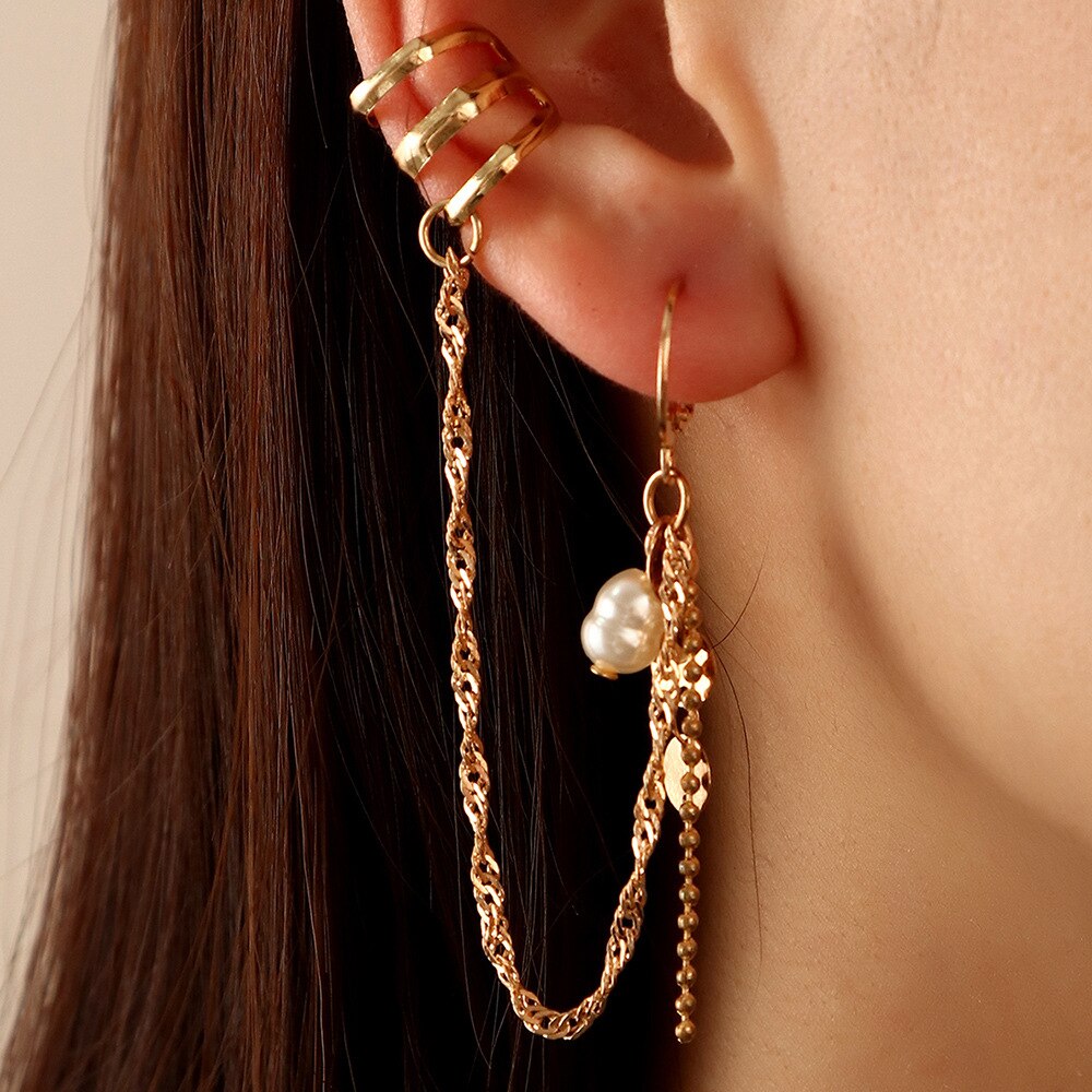1 sztuka moda łańcuch w stylu biodro-chmiel kolczyki kość robić ucha klip gwintownica spadek mankiet podwójny łańcuch przeszywający kolczyki biżuteria dla obu płci: 04Pearl