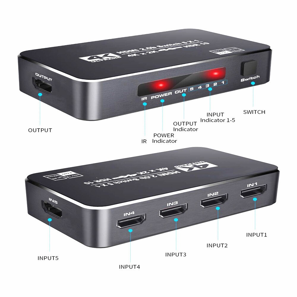 4K HDR HDMI Switch,5 Ports 4K 60Hz HDMI 2.0 Switcher Selector with IR Remote, Supports Ultra HD Dolby Vision