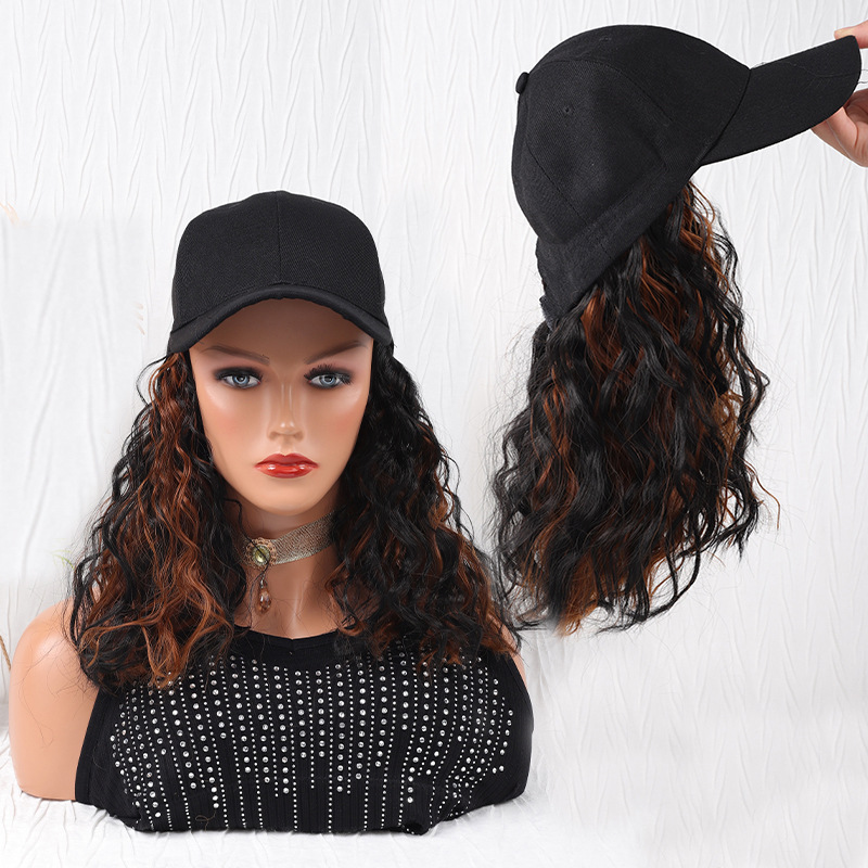 Pelucas de pelo ondulado rizado esponjoso sintético largo negro Difei con sombrero gorra de béisbol conectar naturalmente peluca de sombrero ajustable para mujeres: Plata