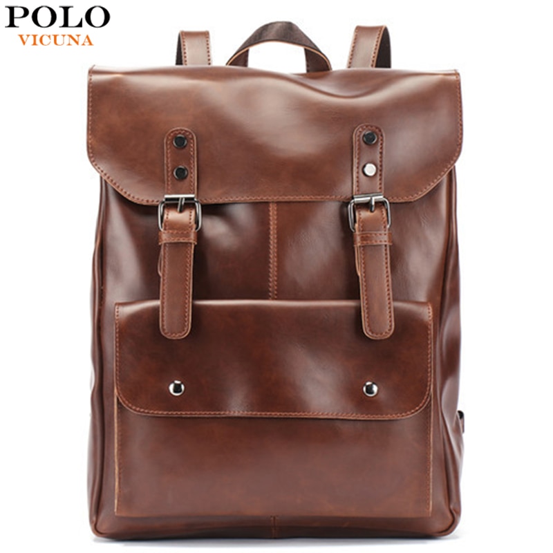 Vicuna polo vintage läder män ryggsäck dubbelbälte vaxartad olja läder resor bärbar dator ryggsäck stor storlek vattentät bolsos hane