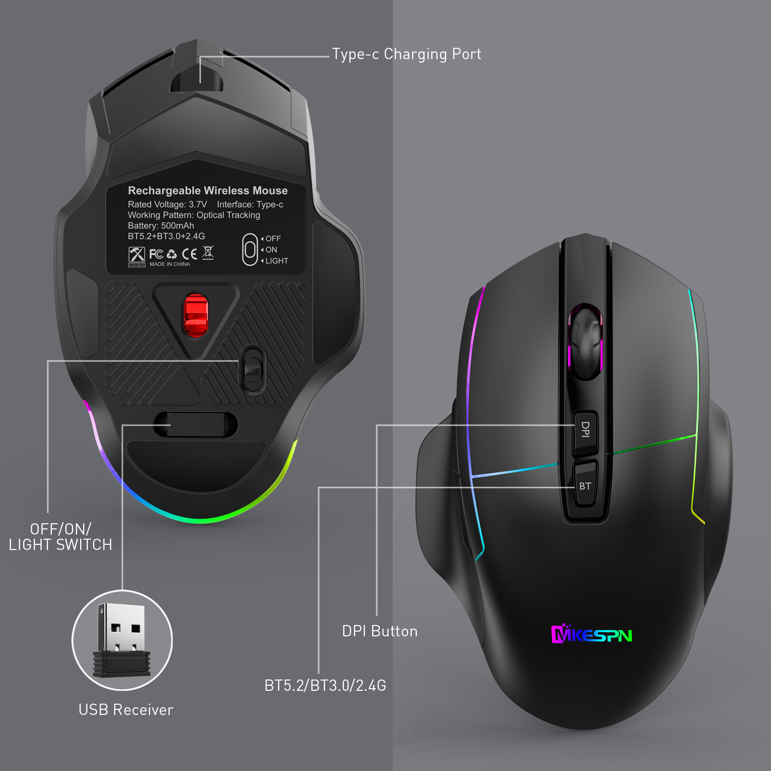 Bluetooth Mouse X11 1600dpi 7 Buttons Rgb Lighting Ergonomic Programmable Gaming Mouse For PC Gaming 2.4G wireless mouse USB: wireless mouse