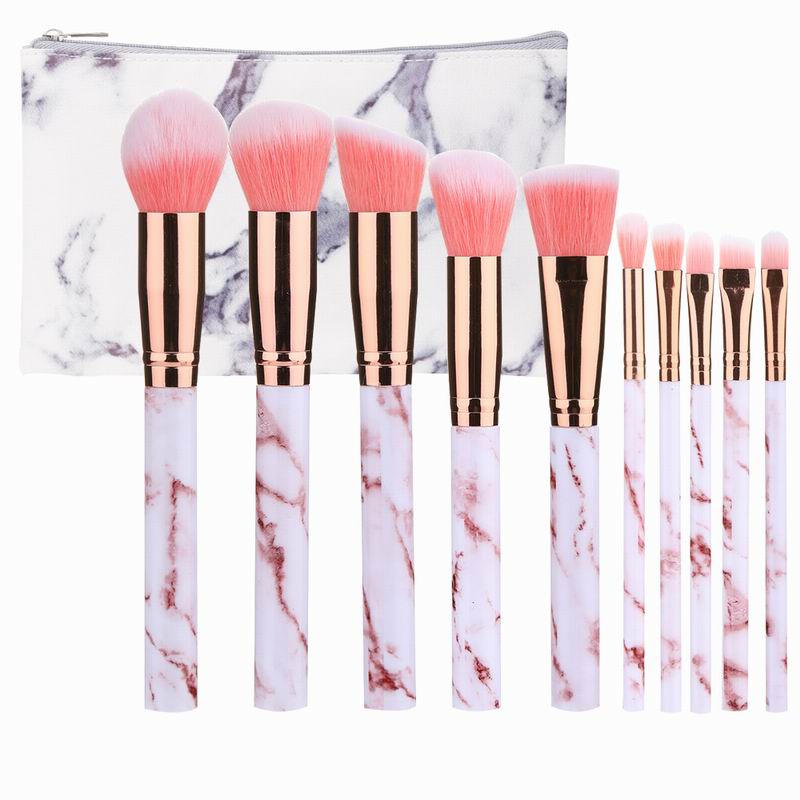 10 stk marmor makeup børster sett myk foundation pudder øyenskygge børste skjønnhet marmor makeup verktøy med sylinder: Rosa med veske