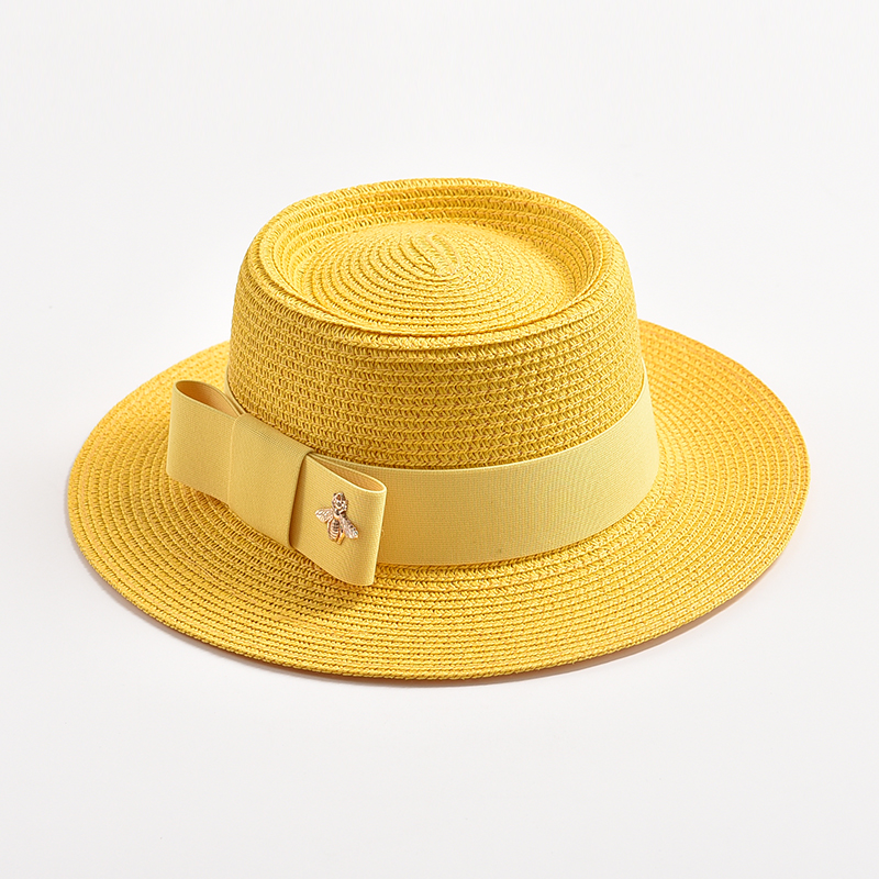 Sombreros de paja para mujer, sombrero de paja redondo con superficie irregular, Top plano con lazo, vestido, Gorra de viaje para playa, novedad de primavera y verano: YELLOW