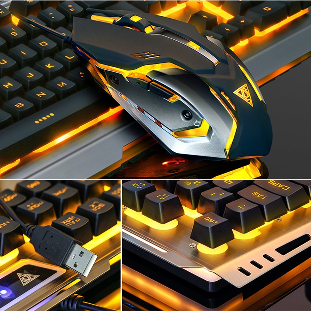 Mechanical Keyboard USB Wired Ergonomic Backlit Mechanical Feel Gaming Keyboard and Mouse Set with Aluminium Alloy Panel