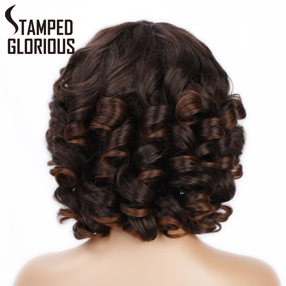 Stamped Glorious Short Afro Curl Wig with Bangs Brown Mix Black Synthetic Wigs for Women Curly Bob Wig Heat Resistant Fiber