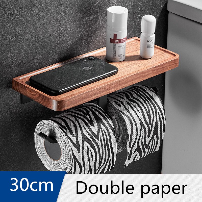 Juego de accesorios de baño, toallero negro de madera de nogal, soporte de papel higiénico, barra de toalla, gancho para Bata: Double paper
