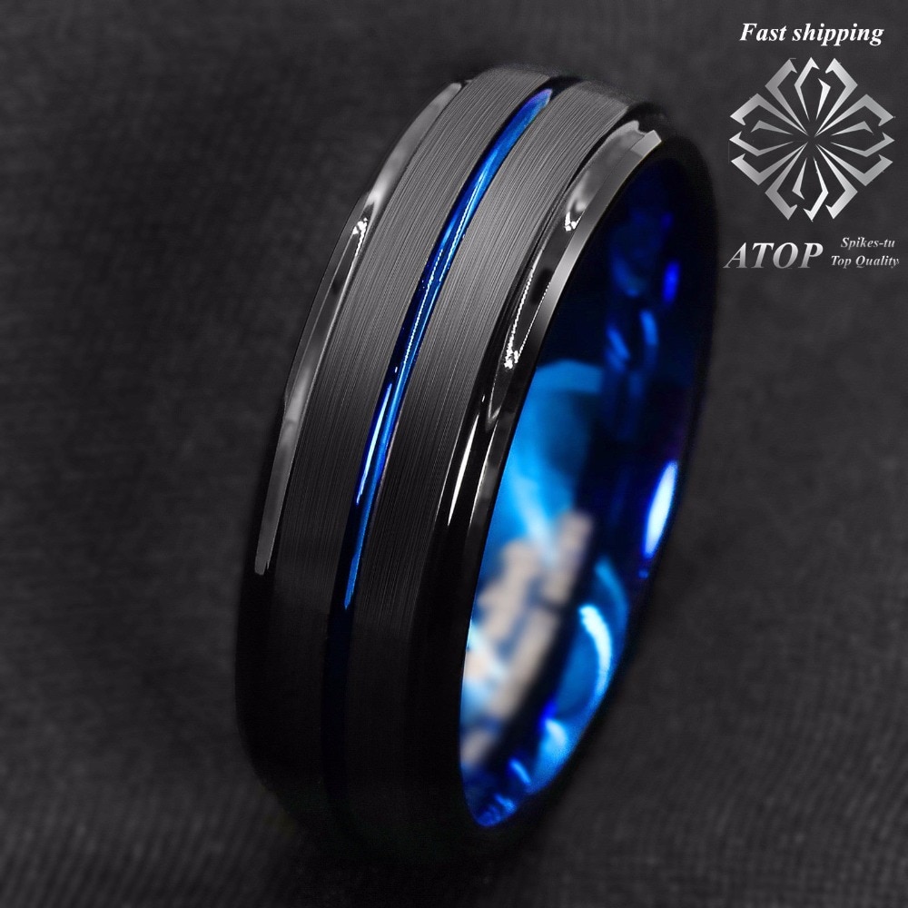 8mm zwarte geborstelde ladderrand wolfraam ringen met blauwe streep bovenop heren trouwring
