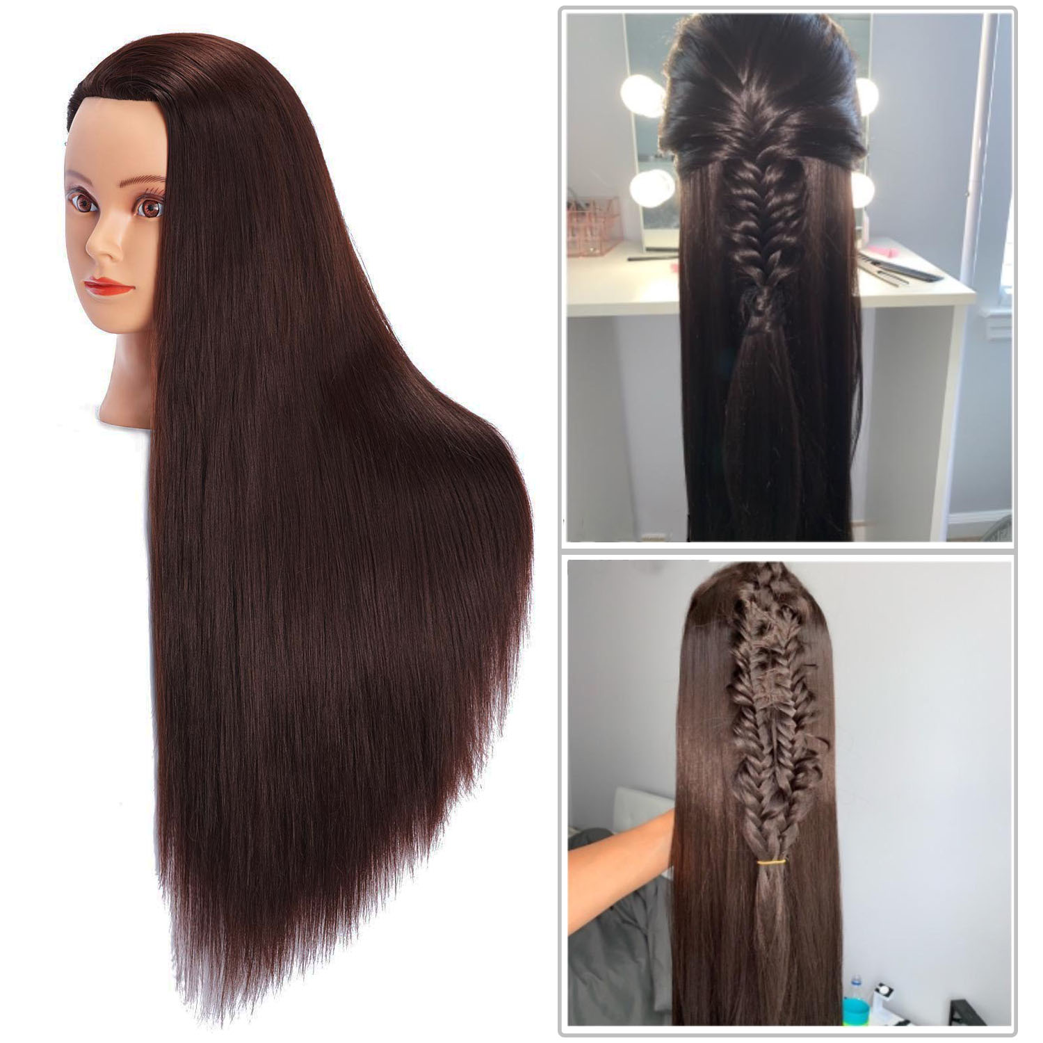 Cabeza de maniquí, cabeza de entrenamiento para peluquería trenzada, 100% de fibra de alta temperatura, maniquí femenino, cabeza de muñeca de entrenamiento