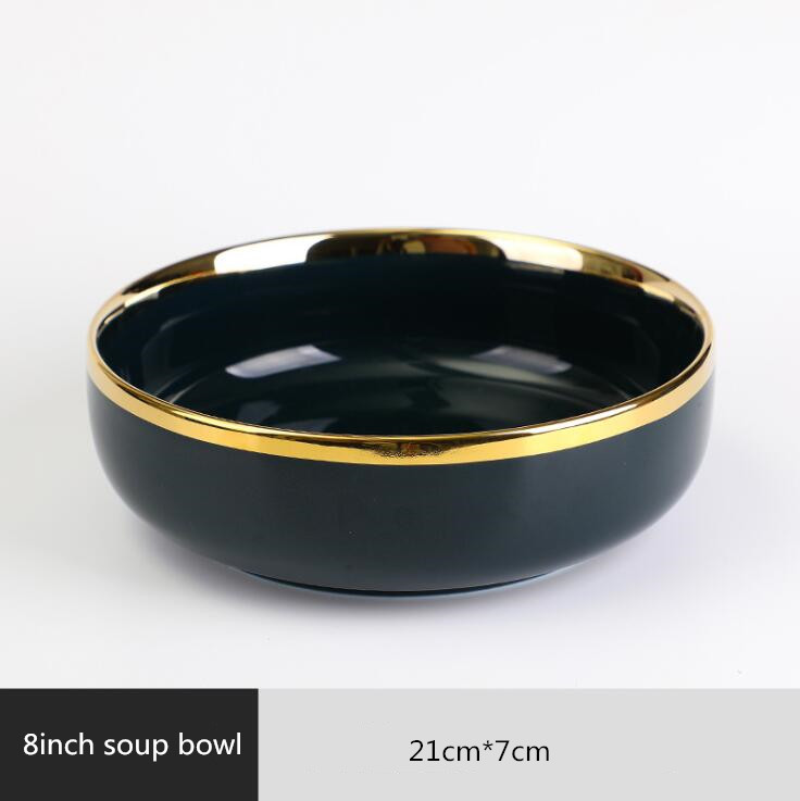 Gilt Rim Dark green Plate Steak Food Nordic Style Tableware Bowl Ins Dinner Dish High End Porcelain Dinnerware Set: 8 inch soup bowl