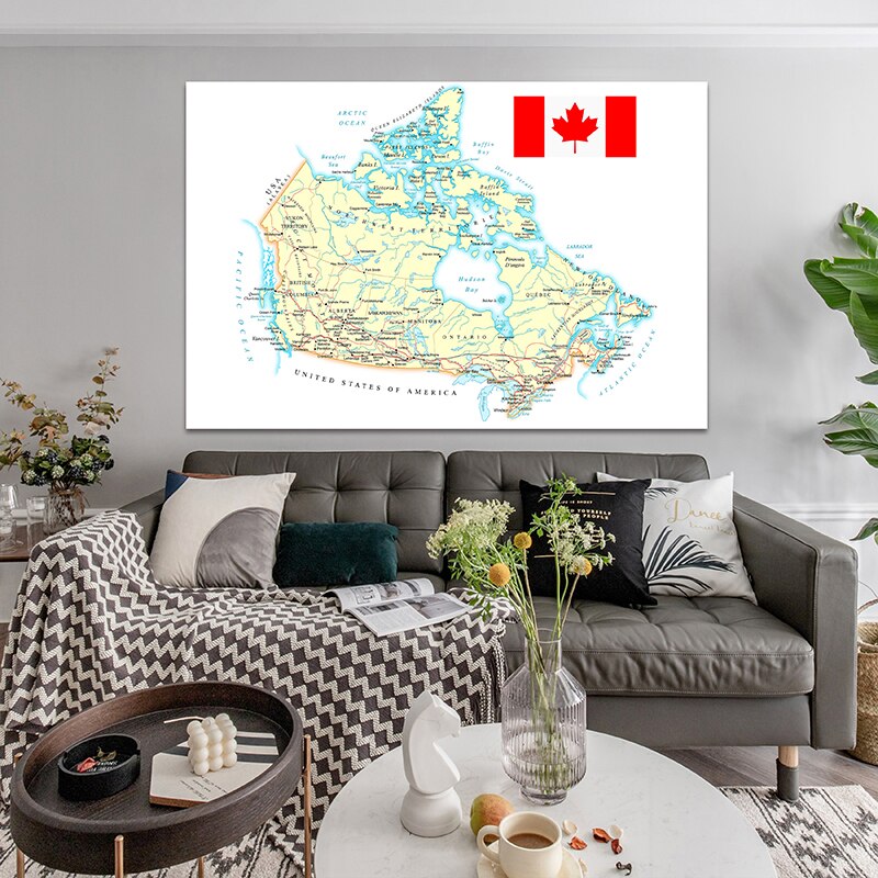 150*100cm Canada Map Travel Route Map Wall Poster Smelless Canvas Painting for Home Decoration World Map In French