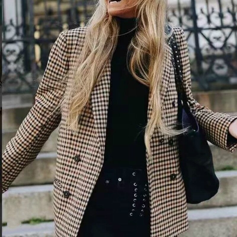Veste à manches longues à carreaux pour femmes, Blazer à carreaux, Slim, col rabattu, rétro, col en v, costumes OL, boucles, manteau à Double boutonnage, collection décontracté