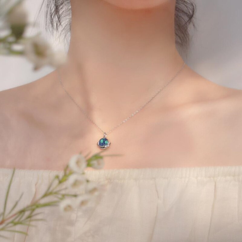 Gradient Blue Green Earth Color Dreamy Cute Planet Clavicle Chain Lover 925 Sterling Silver Female Necklace SNE066