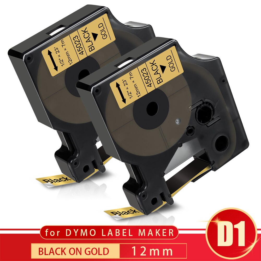 Topcolor 12Mm * 7M D1 Dymo Compatibel Label Tape 45023 Zwart Op Goud Printer Lint D1 Voor Dymo label Printer Labelpoint 150 250