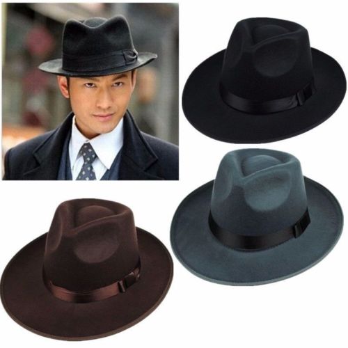 Vintage herre kvinner hard følte lue bred kant fedora trilby panama gangster lue solhatter svart grå