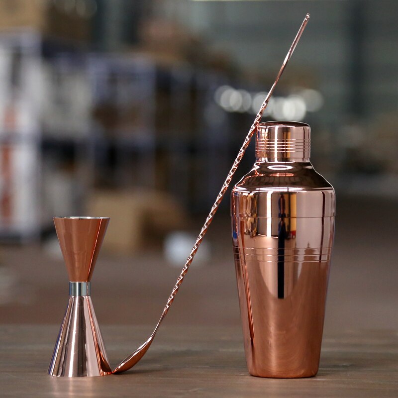 Cocktail Shaker Bar Set Koperen Plated Shaker Bar Set - 3 Stuks Barman Kit Bevat Shaker (510Ml), jigger &amp; Lepel