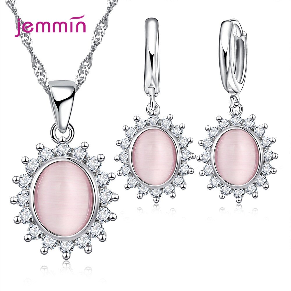 plata 925 conjunto de joyería Oval flor pendientes colgantes en Zircon Collar para mujer aniversario ornamento del cuello mujer