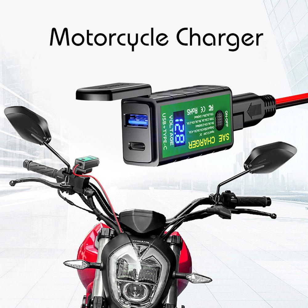 Motorcykel usb laddare voltmeter skoter 12v universal vattentät char sae uttag mobiltelefon typ c port