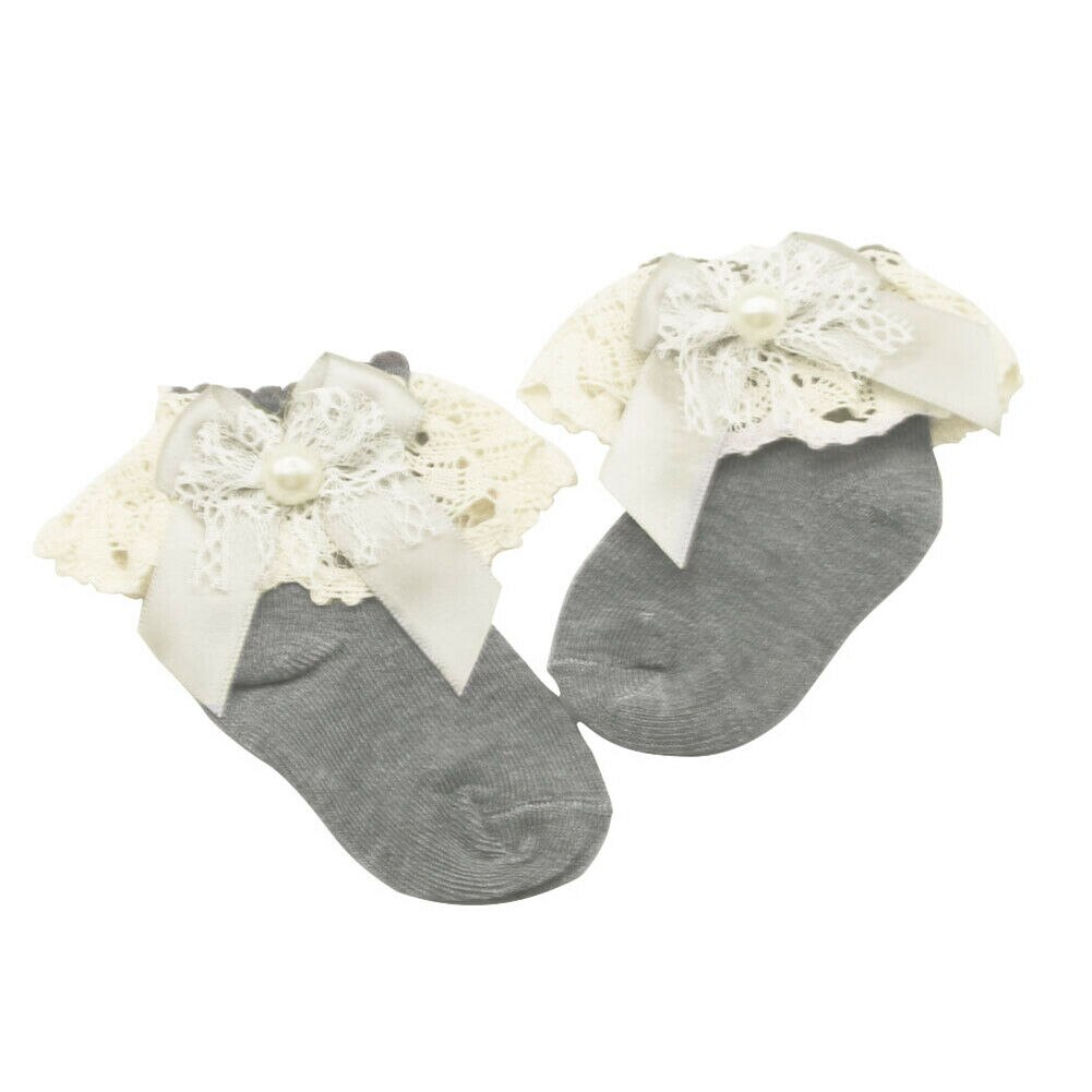 4 kleuren Leuke Meisje Baby Sokken Enkel Fancy Lace Ruffle Stroken Prinses Katoen Schoonheid Korte Sokken: Grijs