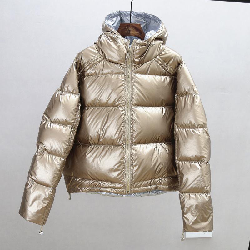 Ailegogo guld silver dubbelsidig kappa vinterjacka dam huvor vita ankdun parkas dam varm snö dun ytterkläder: Guld och silver / L