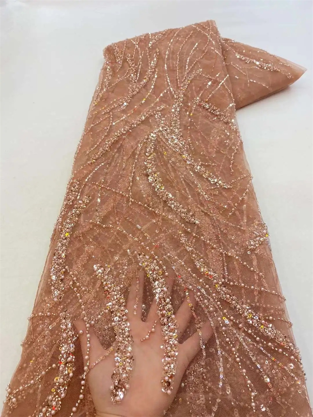 Luxe 3D Kant Stof 5Yards Dubai Hand Kralen Tule Kant Stof Geborduurde Pailletten Afrikaanse Nigeriaanse Stof Voor Naaien: Rose Rood