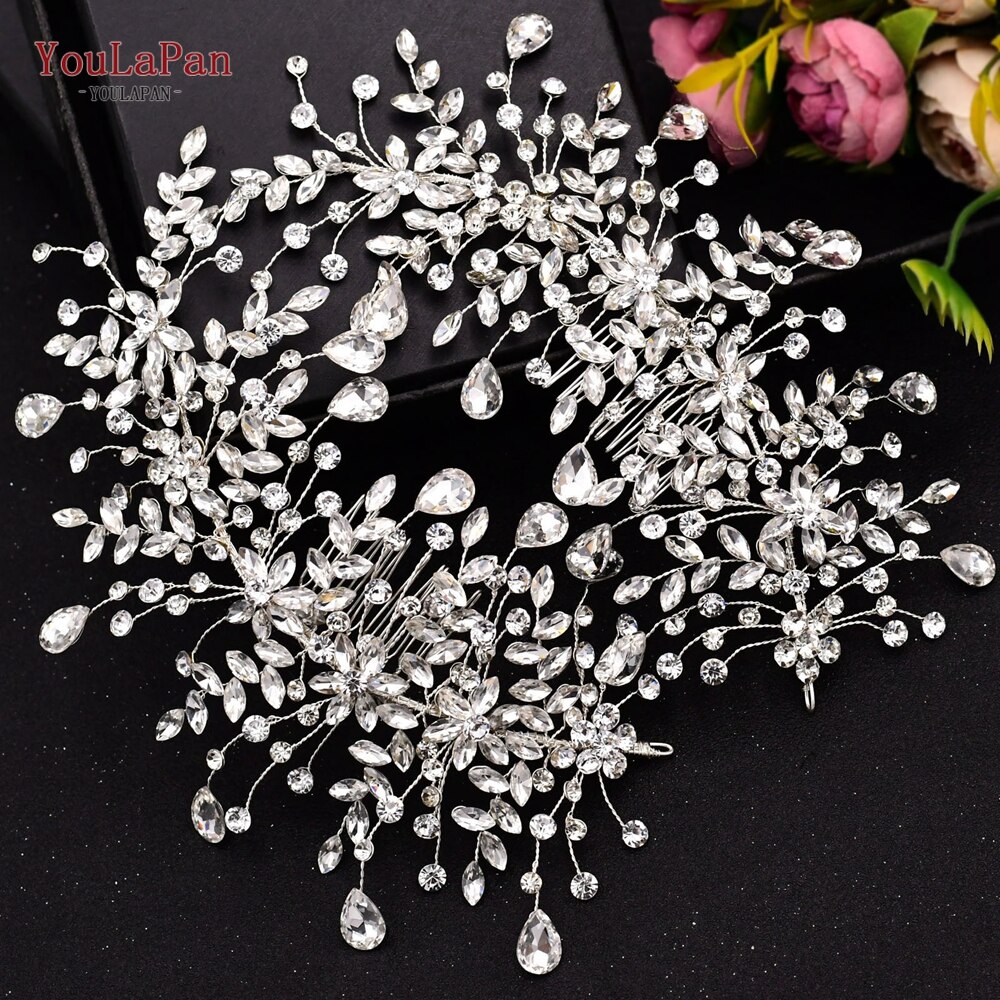 YouLaPan HP379 luksusowe ślubne grzebienie do włosów diamenty ślubne biżuteria do włosów upuść kształt Rhinestone ozdoba ślubna do włosów dla panny młodej nakrycia głowy: 379-Two pieces
