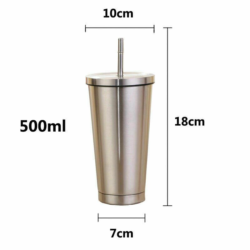 500ml rustfritt stål kopp bærbar reisetumbler kaffekrus med sugerør