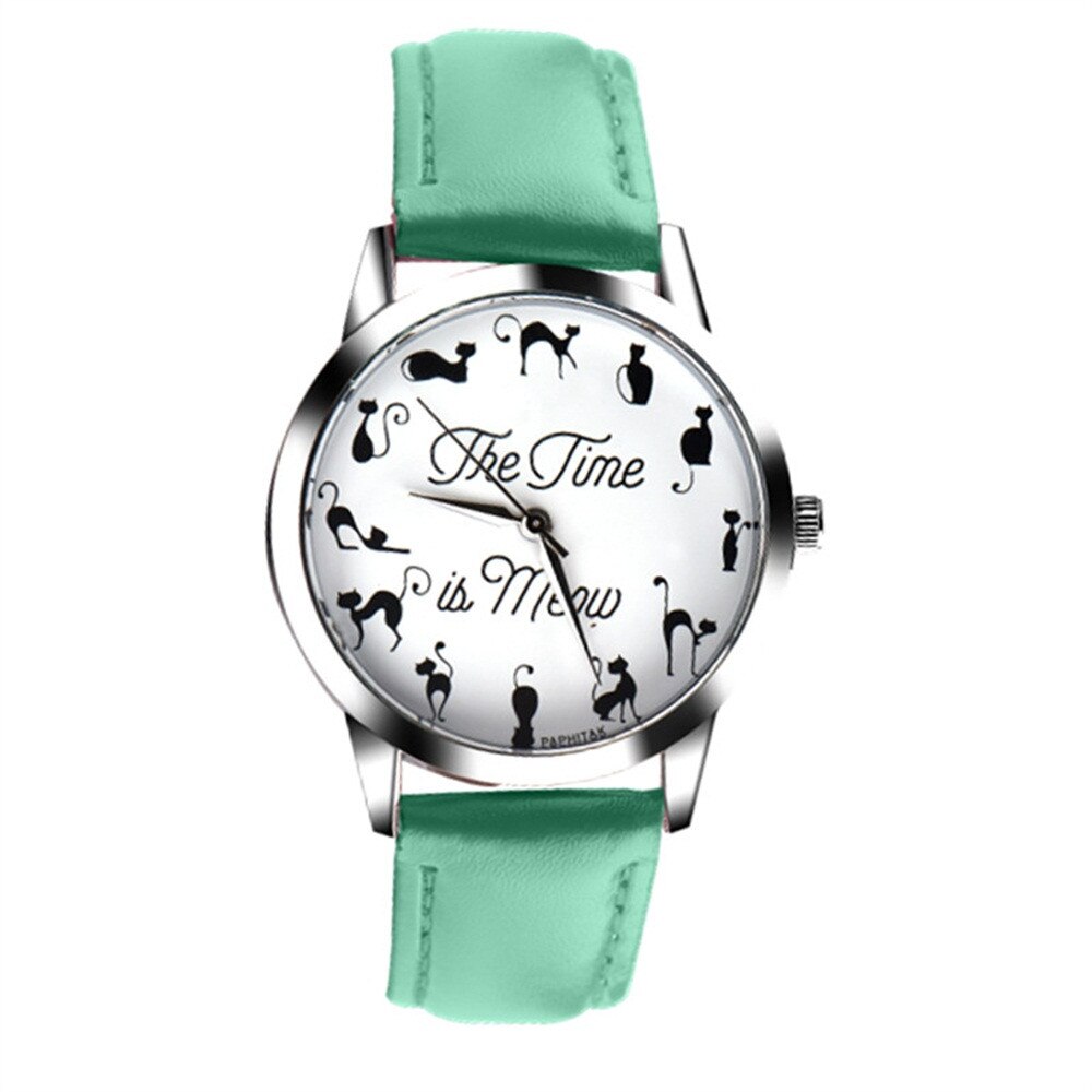 Vrouwen Horloge Leuke Kat Afdrukken Casual Dames Quartz Horloges Lederen Band Meisje Horloge Clcok Fi: green