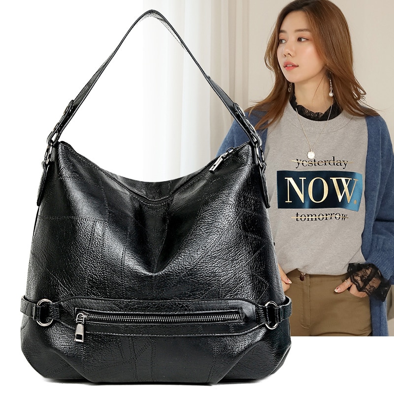 Grand sac fourre-tout noir pour femme avec fermeture éclair, sac à bandoulière multifonction de grande capacité, sacs à main en cuir, sacs hobo simples de couleur unie