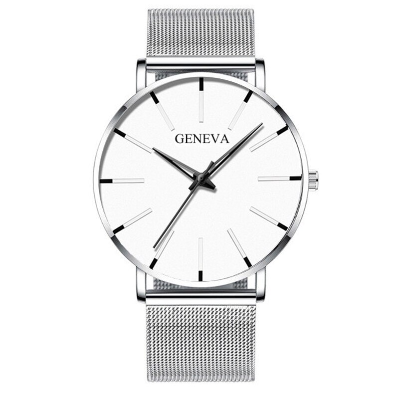 Heren ultradunne horloges minimalistische eenvoudige heren zakelijke roestvrijstalen mesh band quartz horloge relogio masculino: Zilverwit