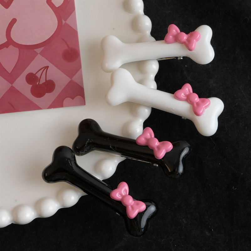Pinzas para el pelo con forma de hueso de perro con lazo rosa Kawaii, horquilla de hueso Popular en blanco y negro, accesorios de pasadores de pico de pato encantadores para niñas
