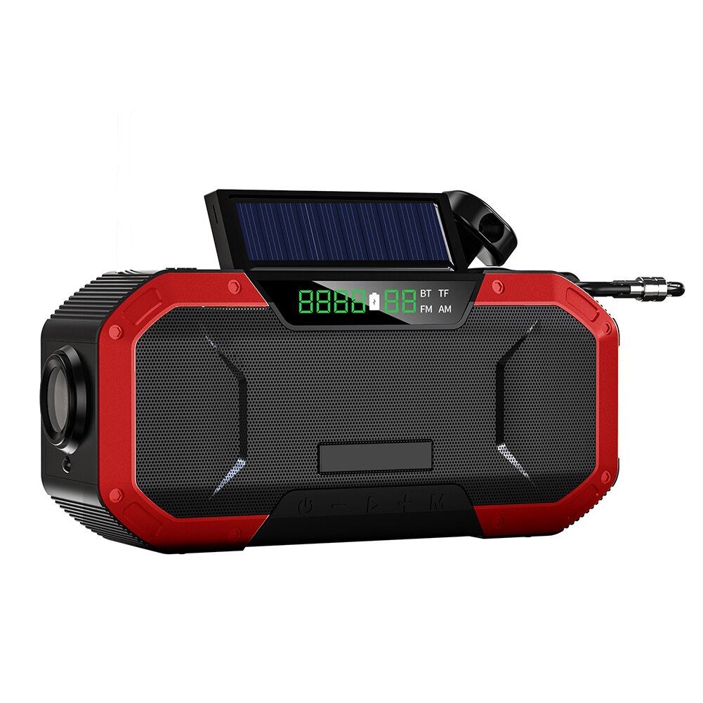 Portable Bluetooth Speaker AM/FM Emergency Radio Hand Crank Solar Radio LED Flashlight 5000mAh Power Bank USB Cell Phone Charger: Red