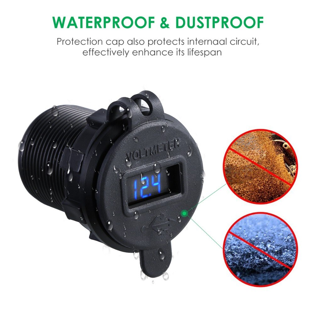 Dual USB Charger Socket Waterproof Power Outlet 2.1A with Voltmeter Wire in-line 10A Fuse for 12-24V Car Boat Marine Motorcycle