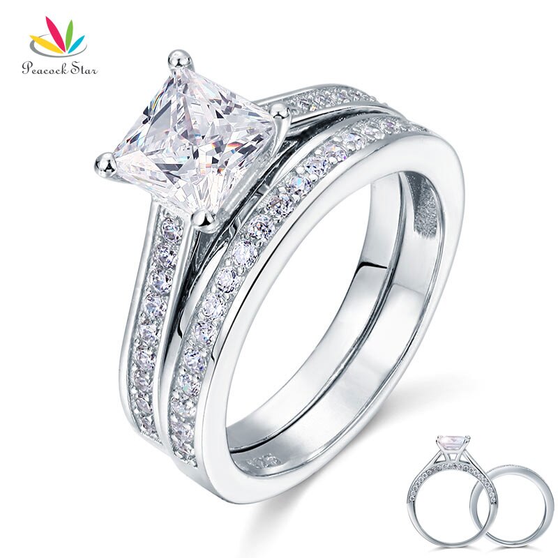 Peacock Star 1.5 Ct Princess Cut Solid 925 Sterling Silver 2-Pcs Wedding Promise Engagement Ring Set CFR8009S