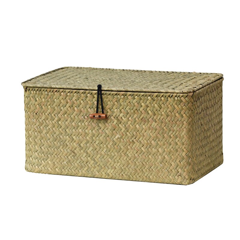 Vävd flätad förvaringslåda rektangulär sjögräskorg med lock rotting förvaringsorganisator skrivbord diverse behållare hemtillbehör: Natur / L -36 x 24 x 19cm